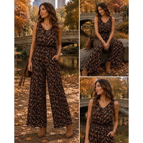 dolan Pants - Dolan 100% Silk Printed Wide Leg Jumpsuit Black Floral Tie Shoulder Medium USA